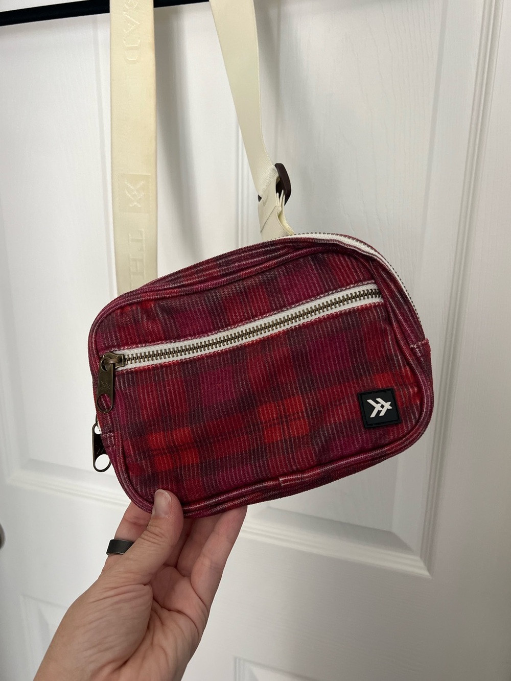 Thread Red Plaid Belt Bag | Adjustable White Strap | Brown Buckle